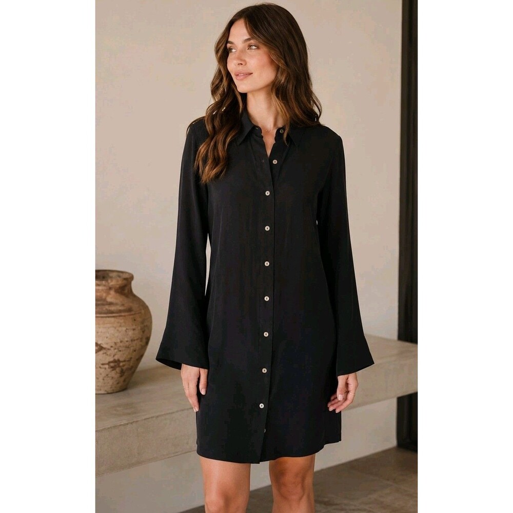 Wilfred Aritzia 100% Silk Black Button Front Shirt Dress Long Sleeve S